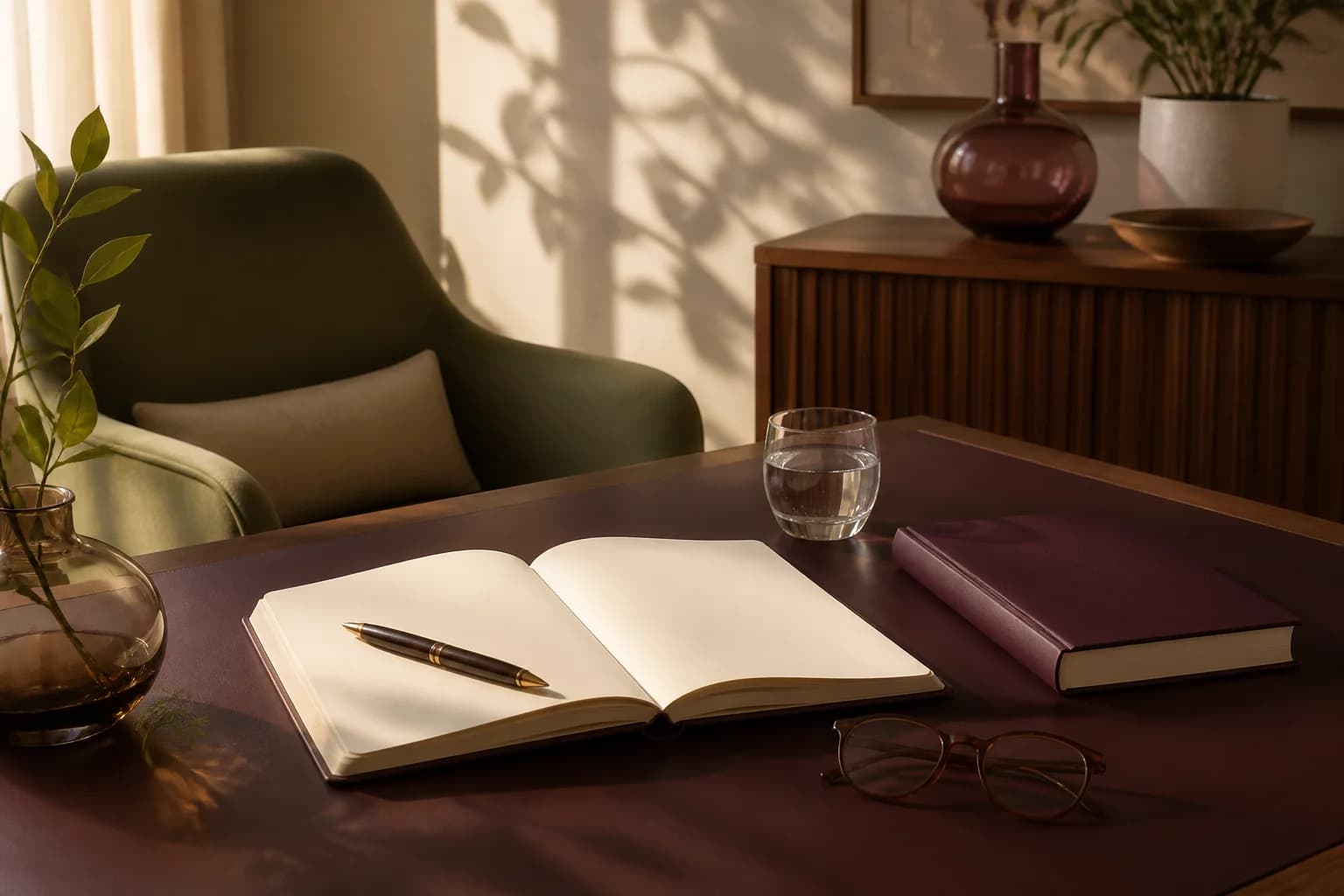 Warm editorial workspace with a sage chair, blank notebook, unbranded book, pen, reading glasses and water