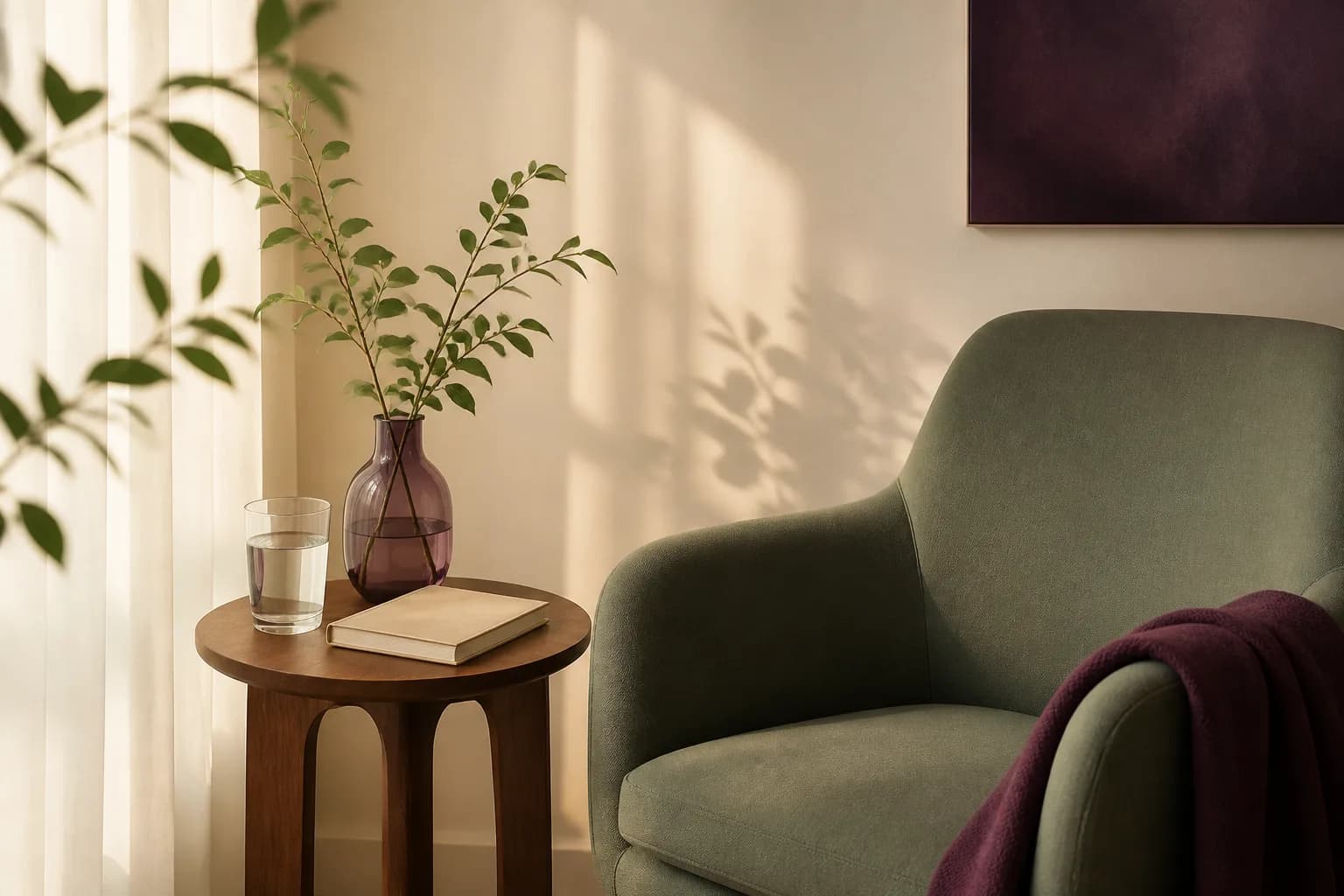 Quiet reflection space with a sage chair, notebook and water by a softly lit window