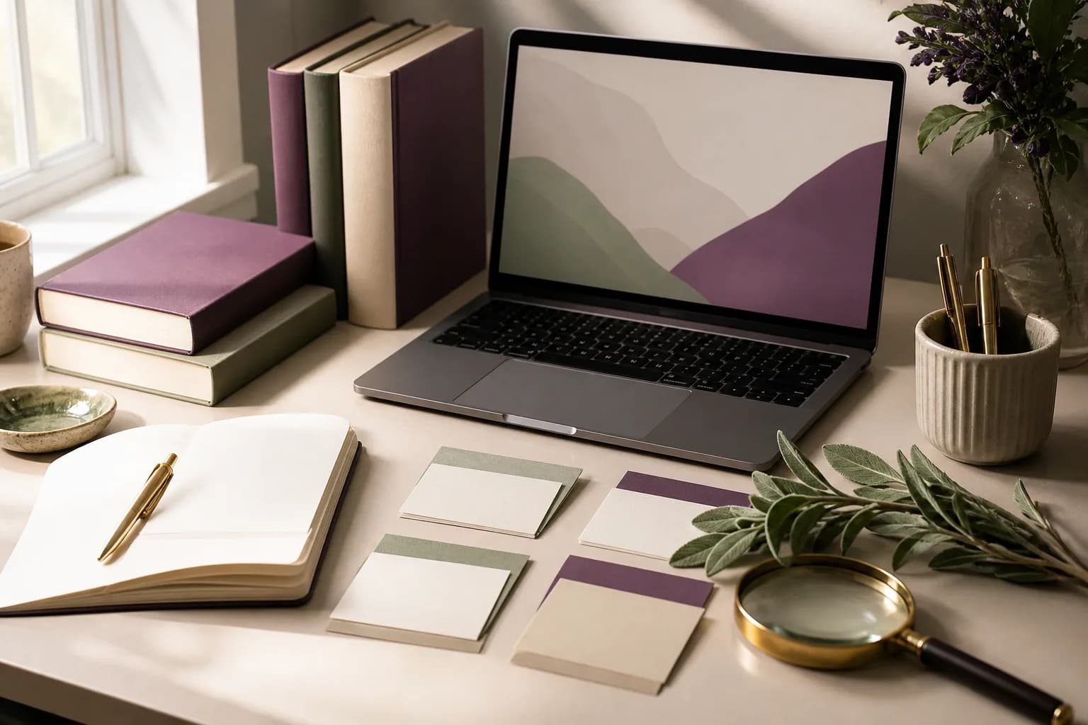 Wellness research desk with blank reference books, source cards and a magnifying glass