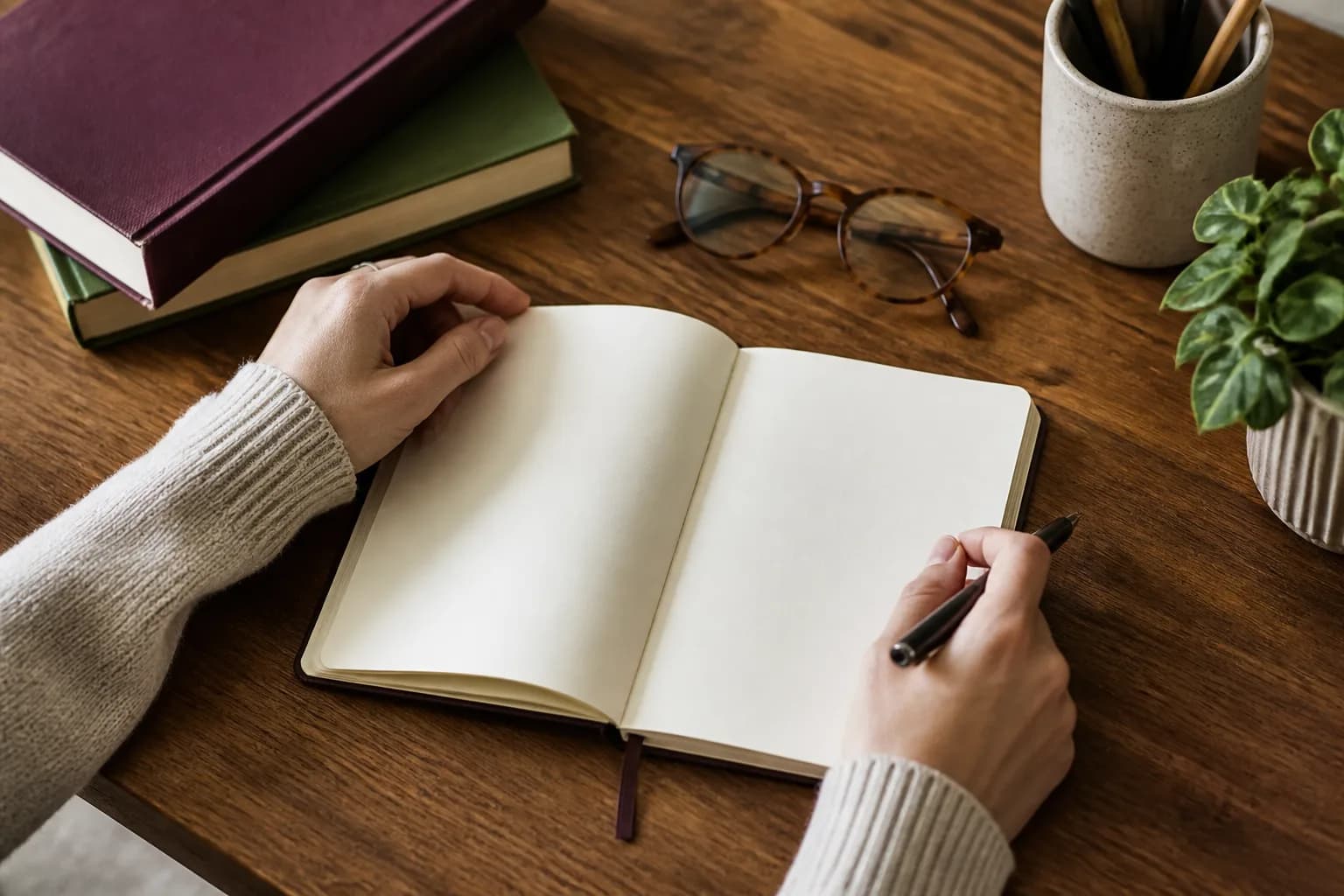 Anonymous hands writing reflective notes beside wellness education materials